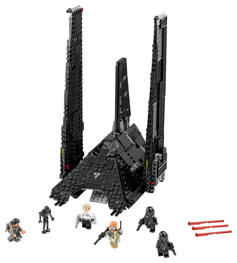75156 - Krennic’s Imperial Shuttle When a tough transport ship is needed, Krennic’s Imperial Shuttle is the perfect choice. Put him into the pilot seat, open out the thick-armor plating and seat the Death Troopers. Lower the ramp and check the blasters are secured, then arm the spring-loaded shooters and seal the hull for takeoff. Raise the landing skids, lower the wings for flight mode and set off on another dangerous mission! $89.99